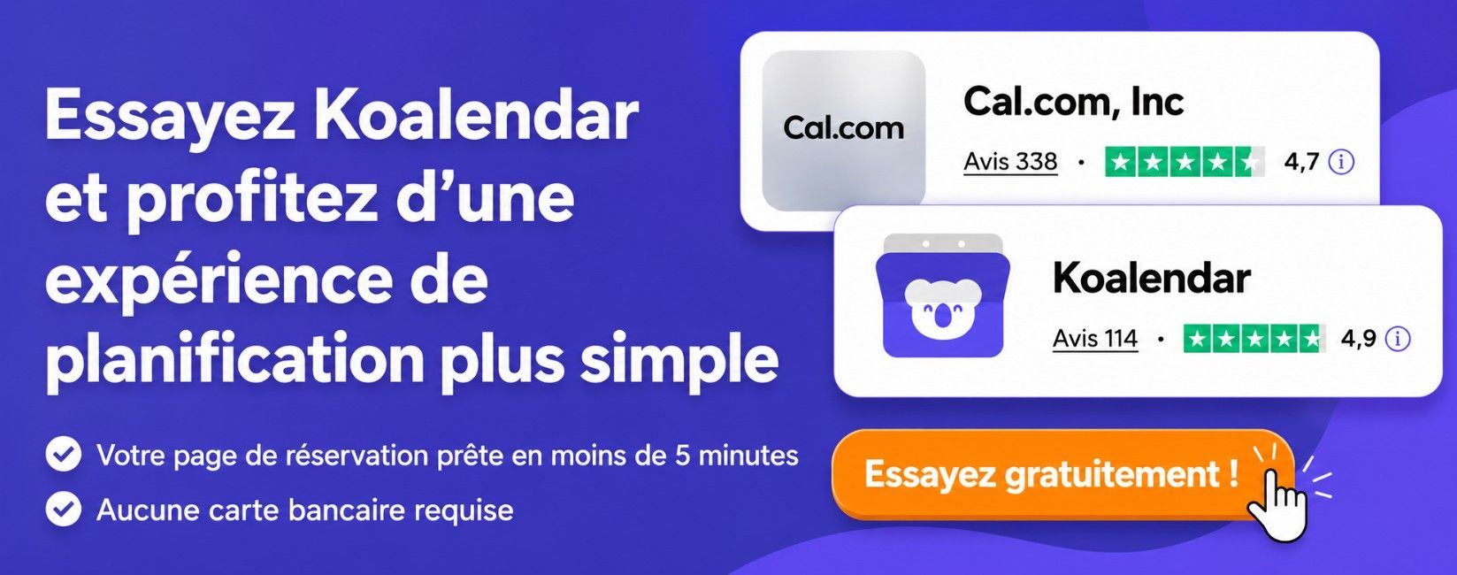 graphique comparatif des avis Koalendar et Cal.com sur Trustpilot, incluant les formules de tarification de Cal.com